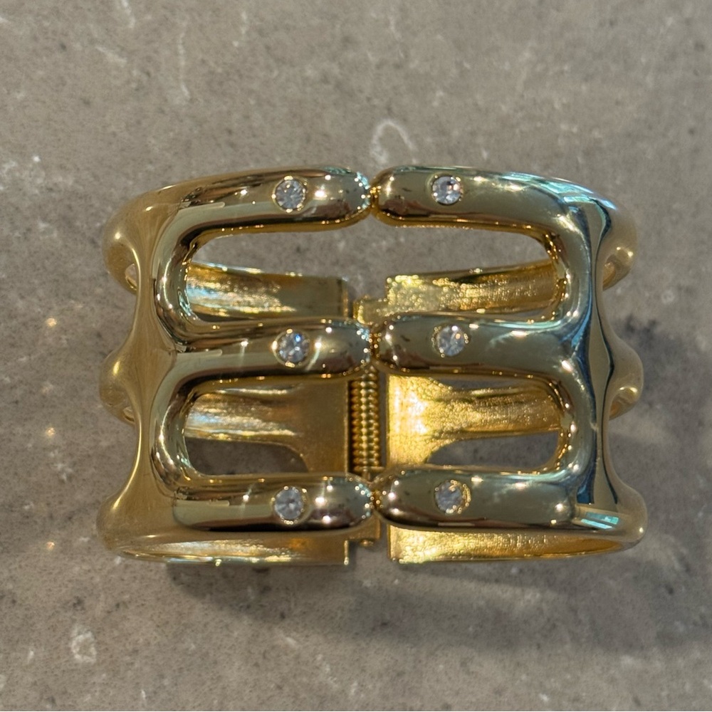 Iris Apfel Estate! Ribbed gold metal bracelet w/ 6 sparkly rhinestone/crystals! - Picture 5 of 11